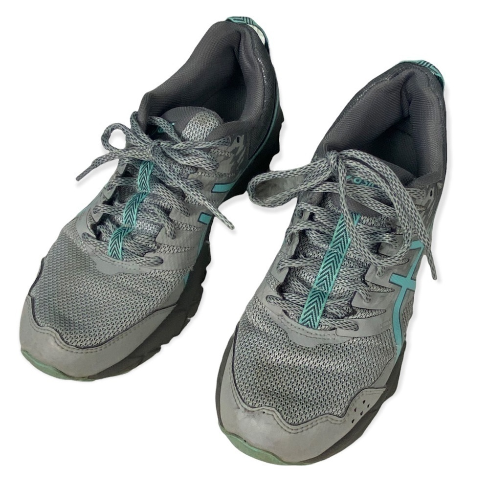 Asics gray aqua blue lace up tennis shoe running shoe womens size 7